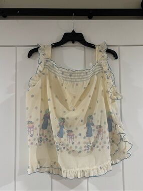 Vintage Ruffle-Trim Sleeveless Trapeze Top with Maiden Print in Size EU 44
